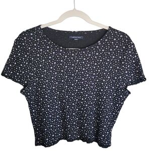 American Eagle Ribbed Floral Top XL Black Ditsy Print Short Sleeve Cropped